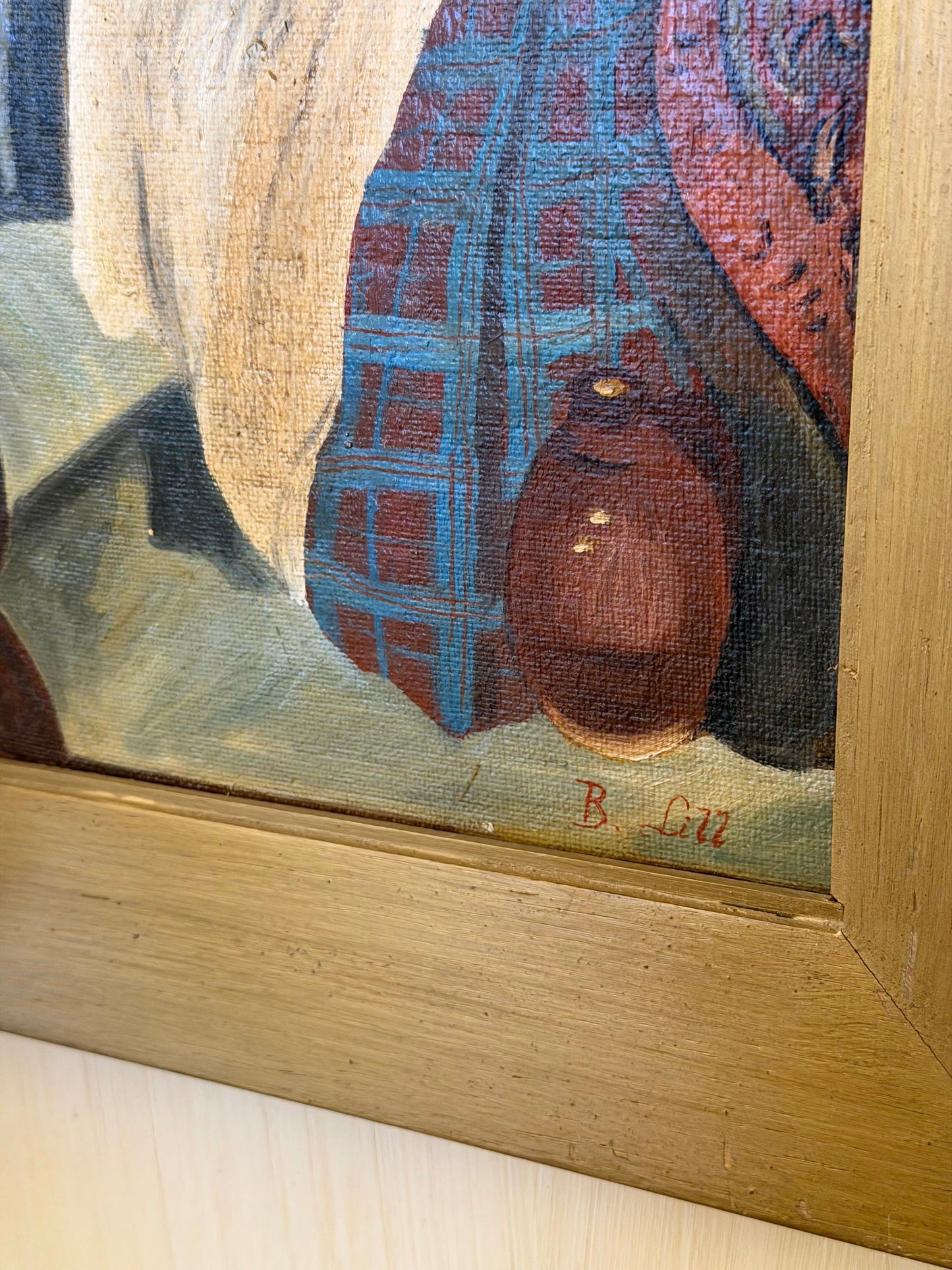 Reproducere veche în ulei a tabloului "Trei femei în bisericǎ", semnat