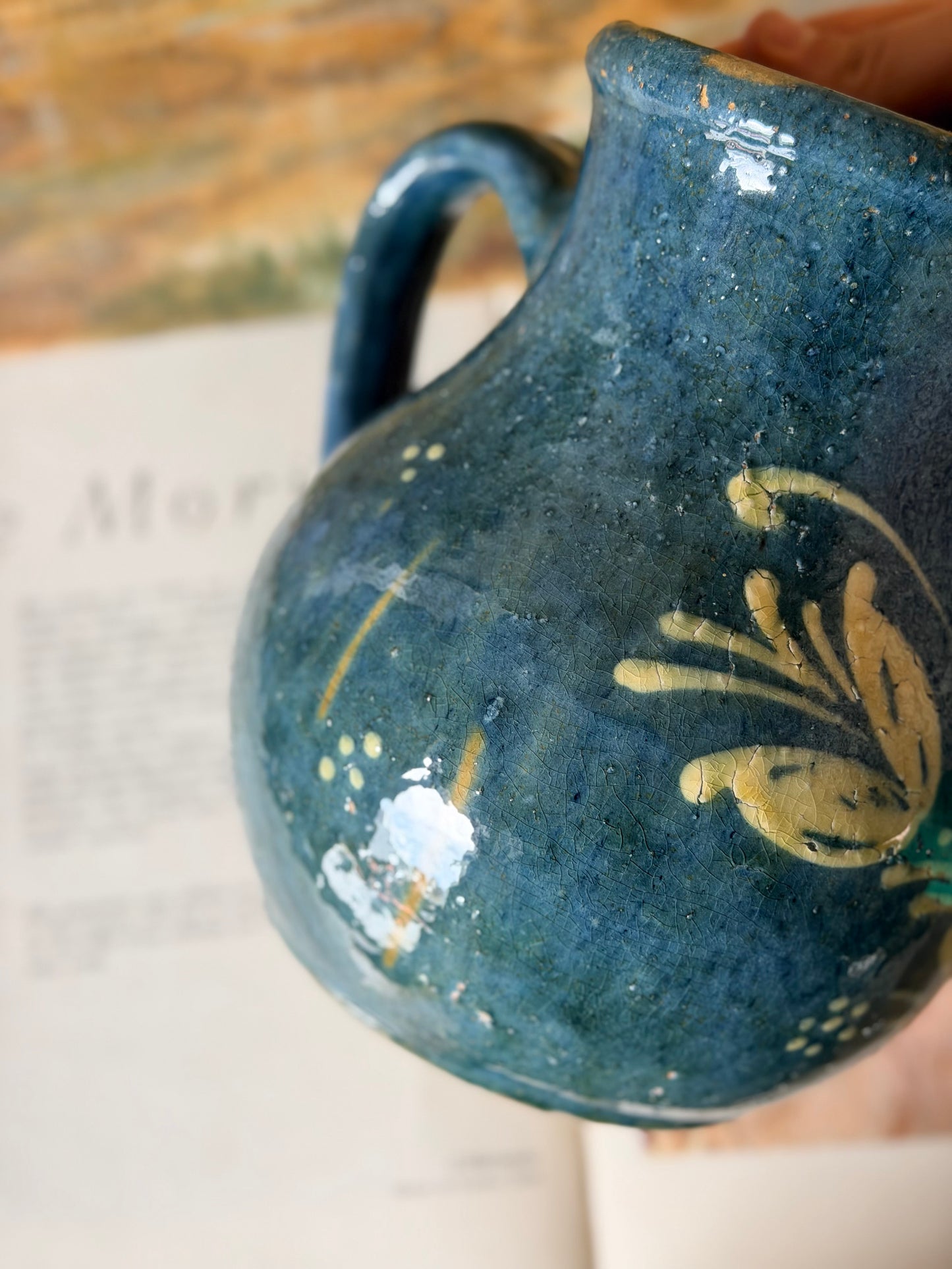 Vază/Ulcior din ceramică glazurată artizanală, pictată manual