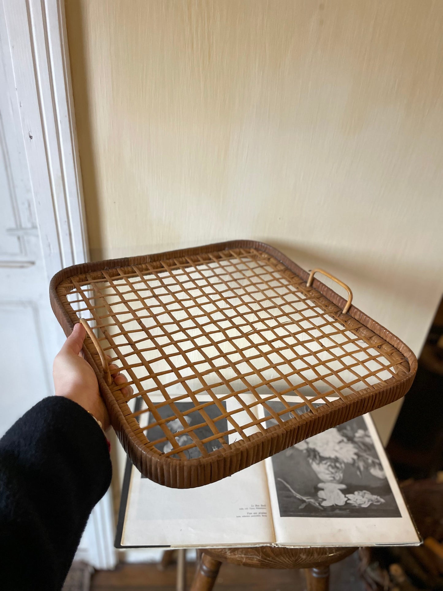 Platou mare vintage servire din ratan și bambus