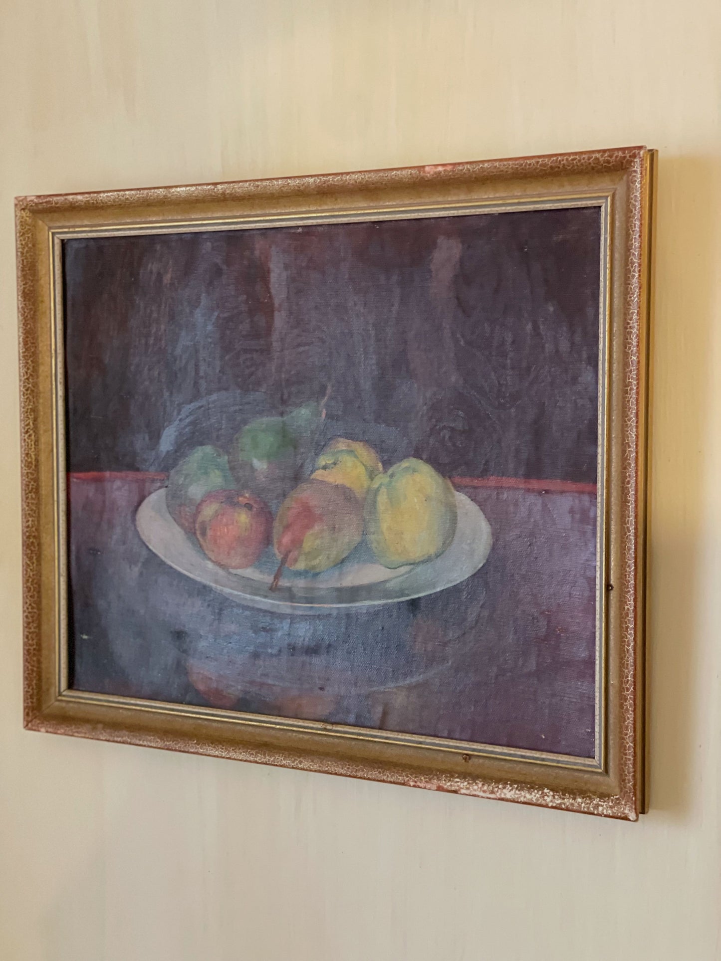 Tablou vechi pictat în ulei, natură statică-Bol cu fructe