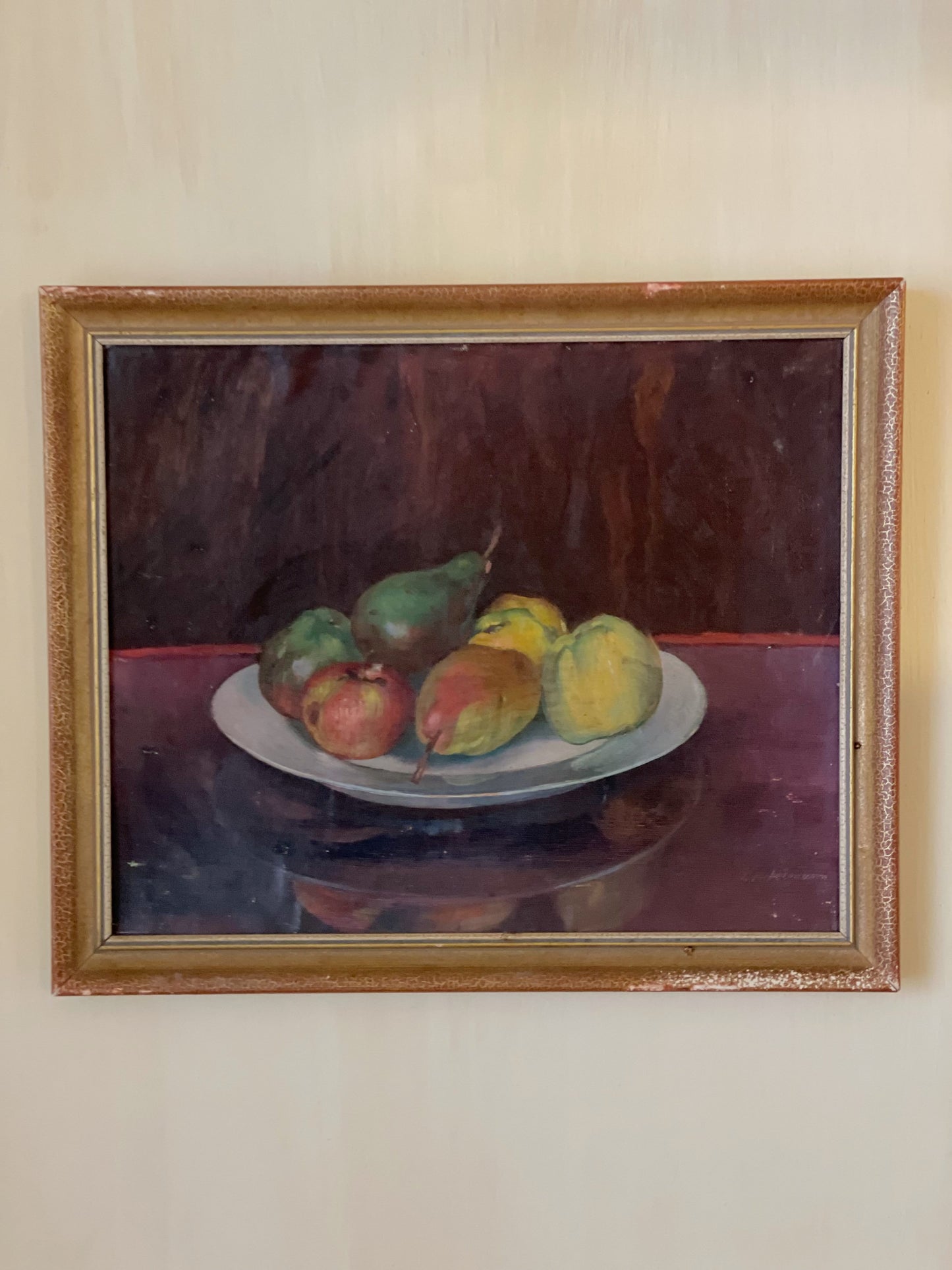 Tablou vechi pictat în ulei, natură statică-Bol cu fructe