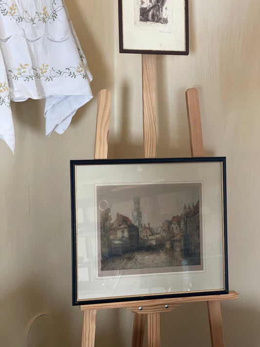 Gravură înrămată, peisaj urban, semnată