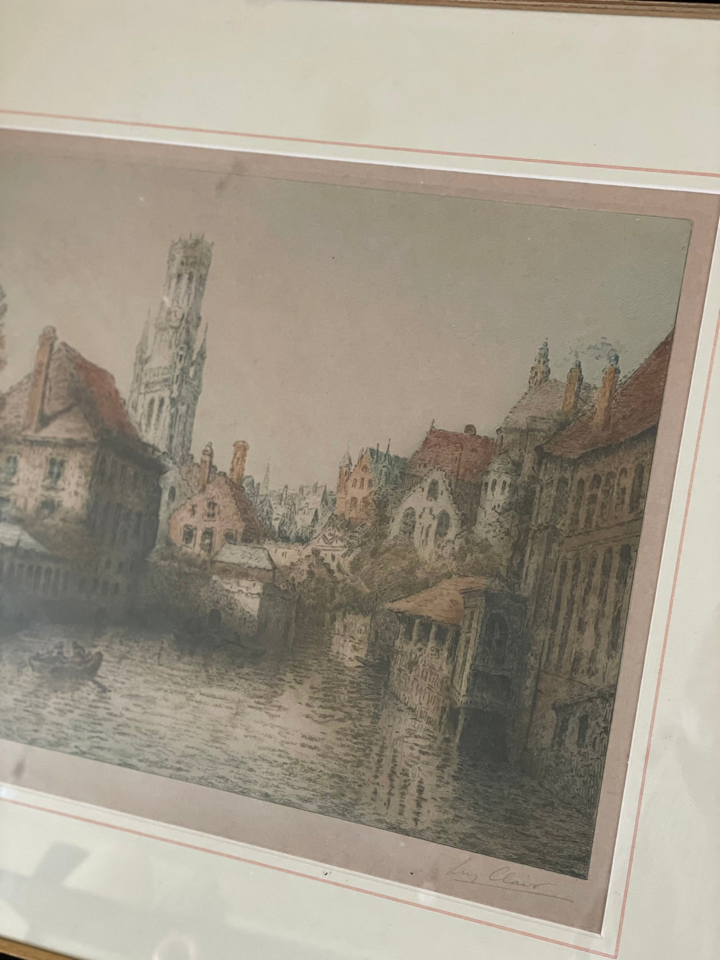 Gravură înrămată, peisaj urban, semnată