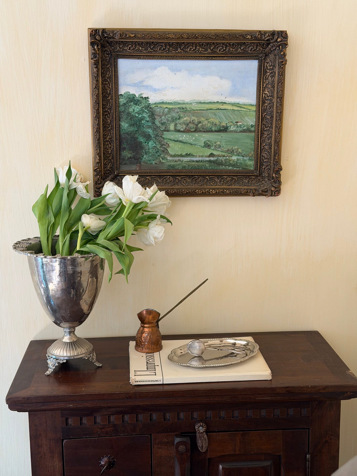 Picturǎ în ulei peisagisticǎ în ramǎ clasicǎ, semnatǎ