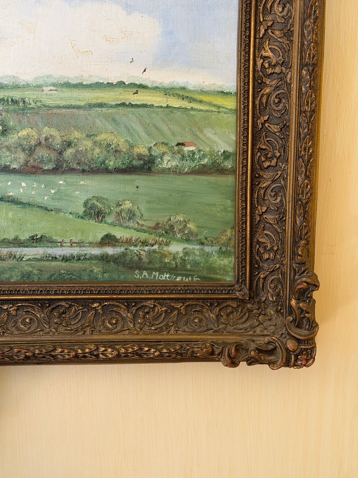 Picturǎ în ulei peisagisticǎ în ramǎ clasicǎ, semnatǎ