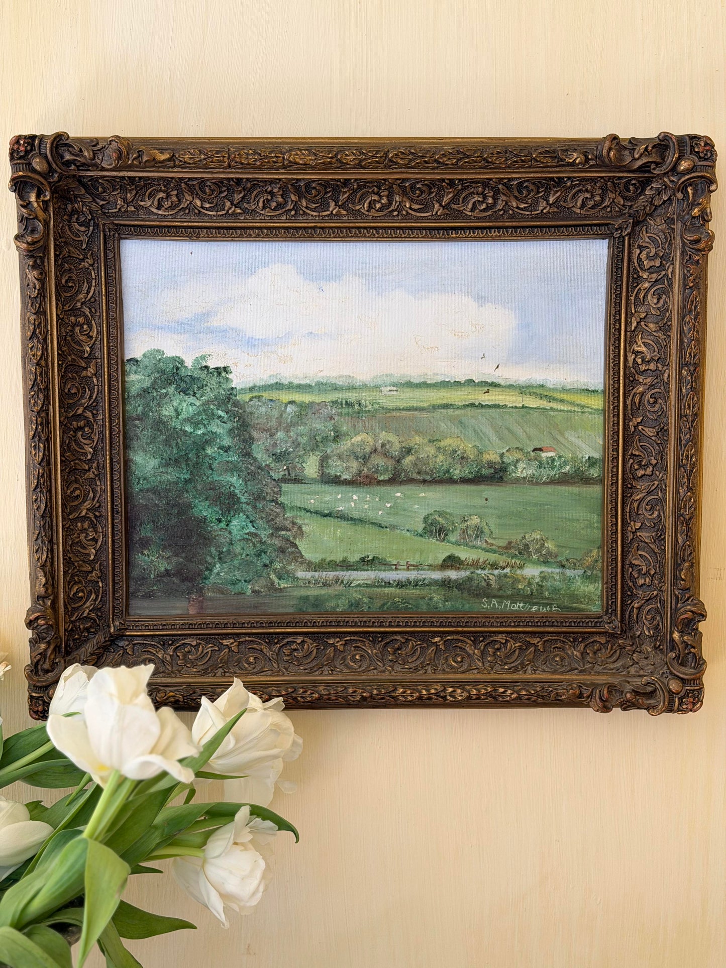 Picturǎ în ulei peisagisticǎ în ramǎ clasicǎ, semnatǎ