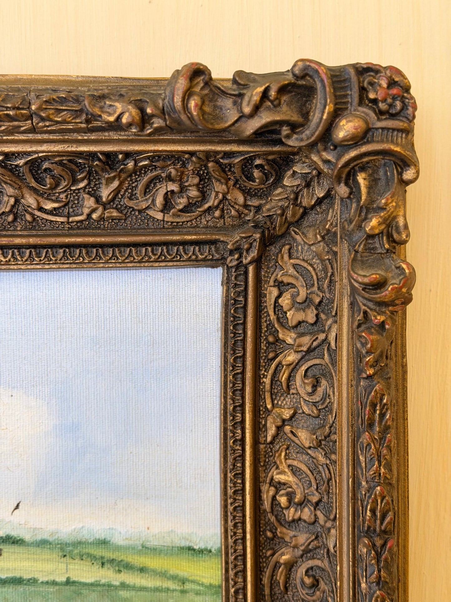 Picturǎ în ulei peisagisticǎ în ramǎ clasicǎ, semnatǎ