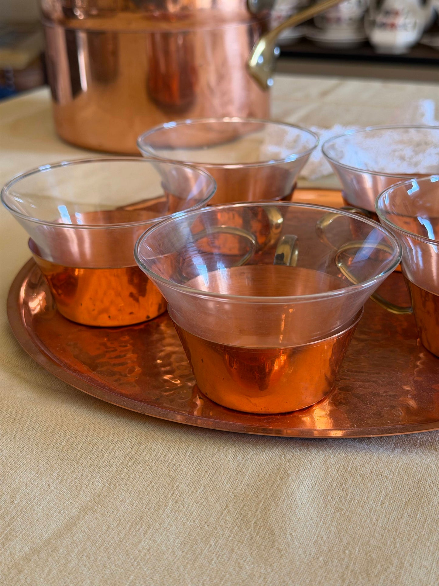 Set de 5 cǎni  cu suport din cupru Jena Glass by Schott Mainz, 1950