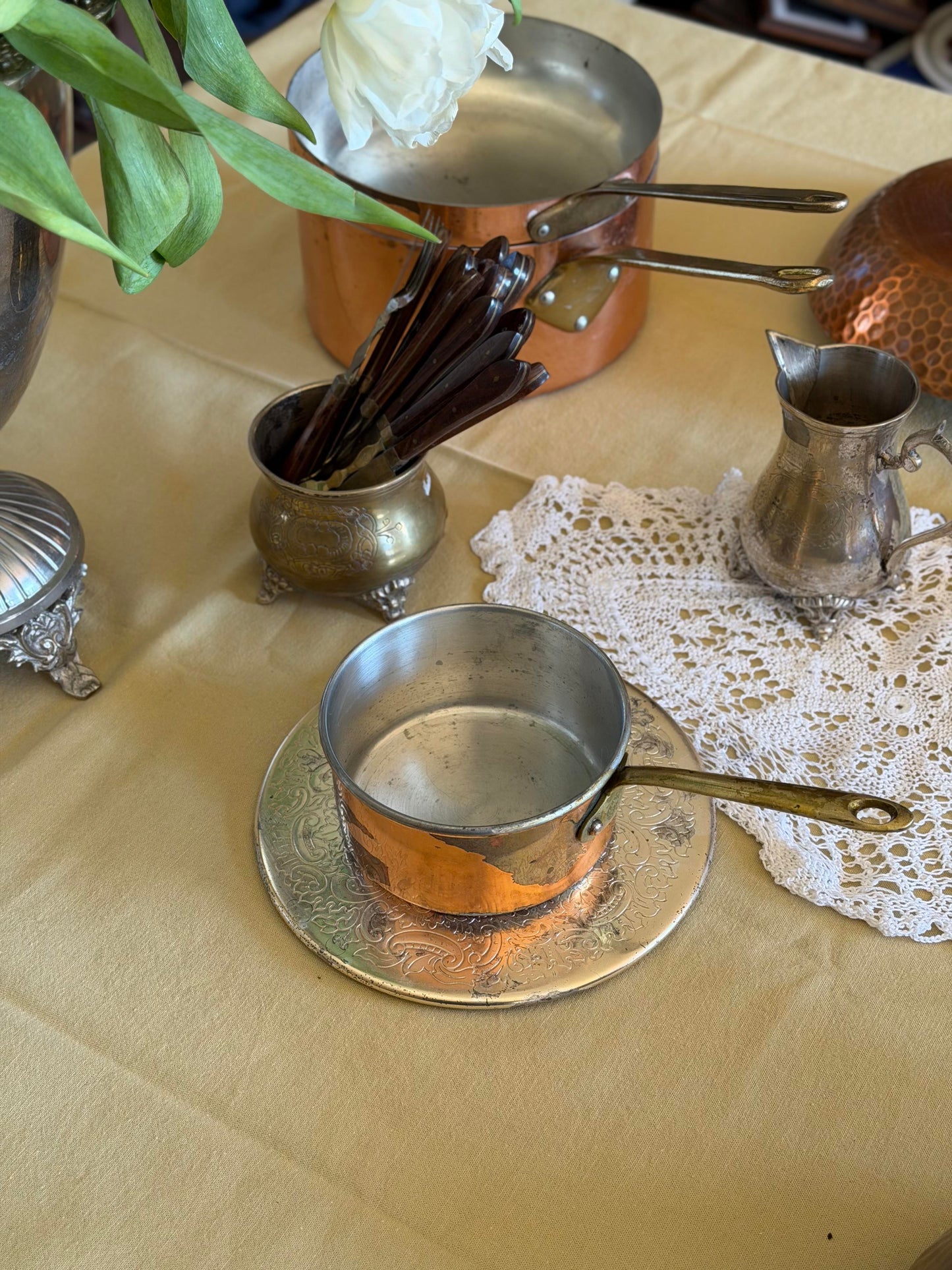 Mini tigaie vintage din cupru și alamǎ, made în Portugal