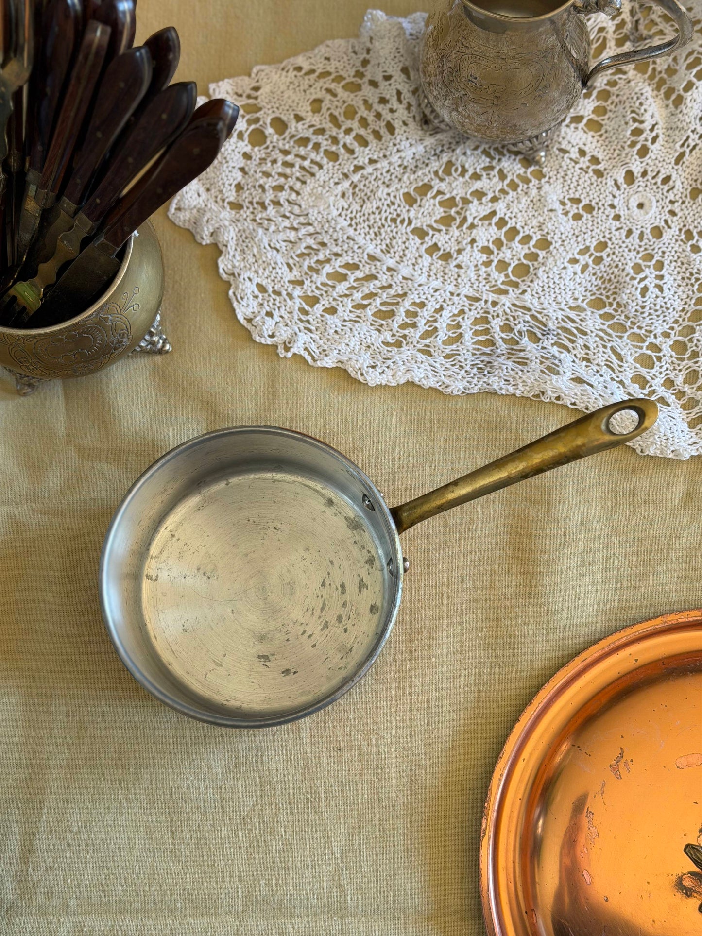 Mini tigaie vintage din cupru și alamǎ, made în Portugal