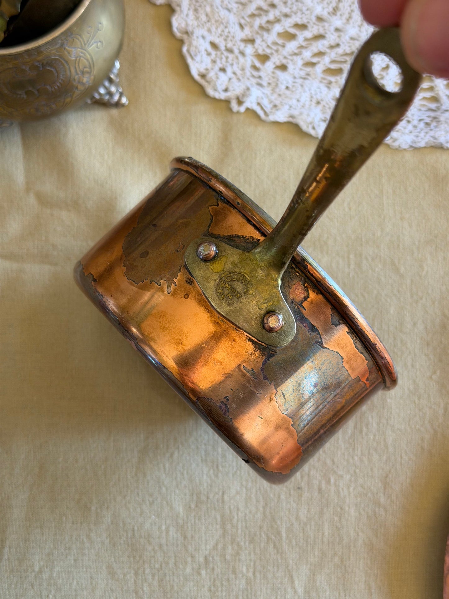 Mini tigaie vintage din cupru și alamǎ, made în Portugal