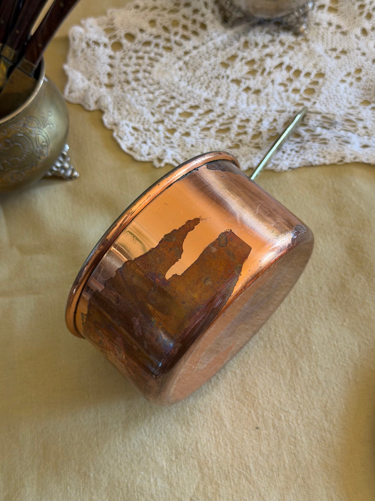 Mini tigaie vintage din cupru și alamǎ, made în Portugal