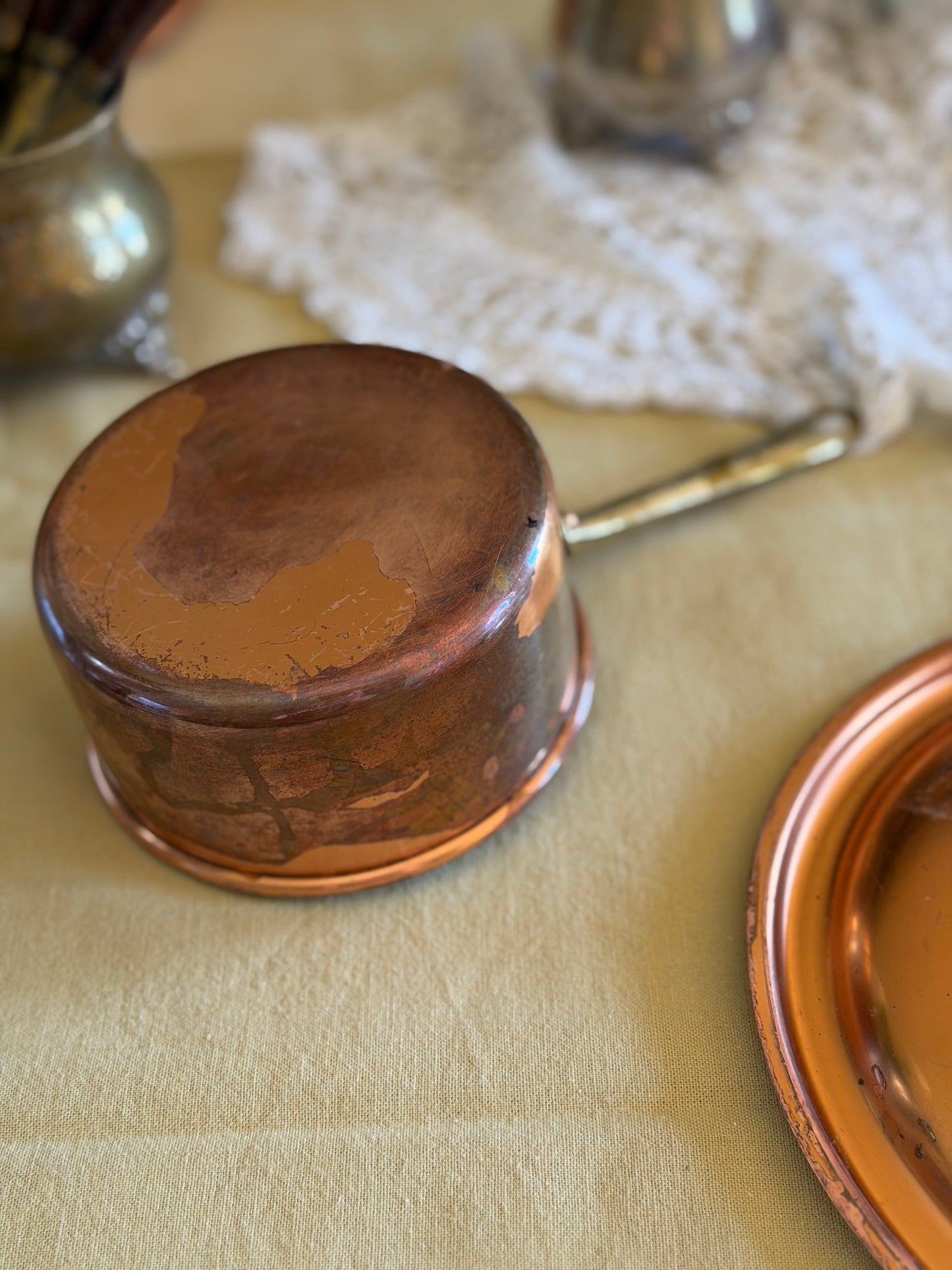 Mini tigaie vintage din cupru și alamǎ, made în Portugal