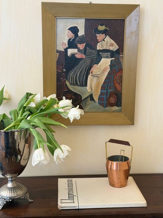 Reproducere veche în ulei a tabloului "Trei femei în bisericǎ", semnat