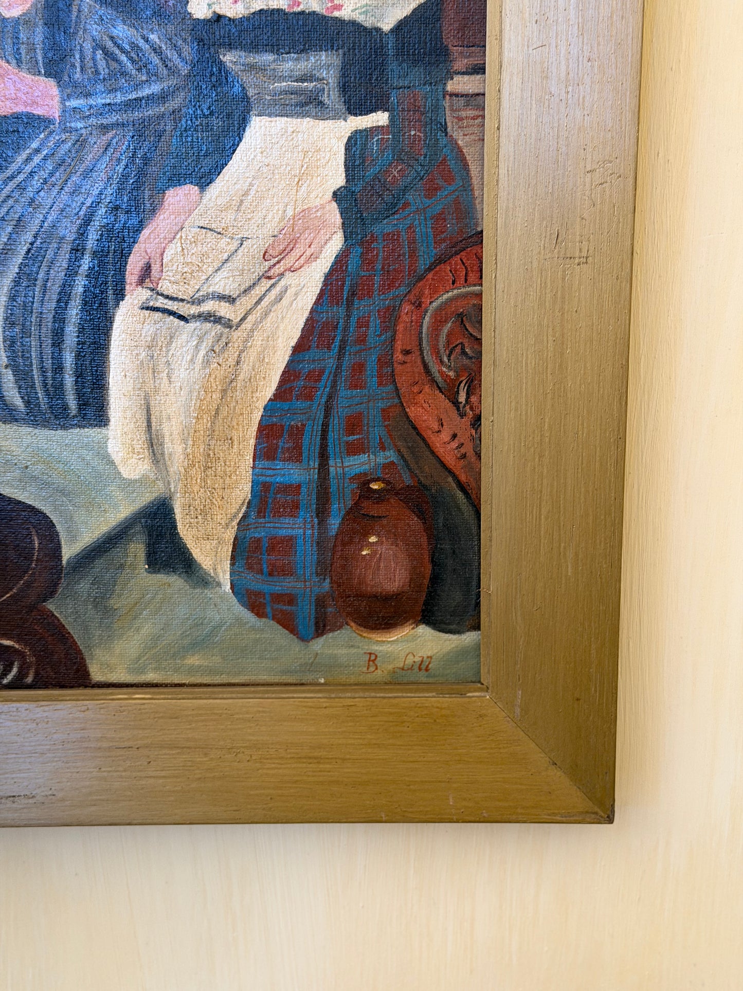 Reproducere veche în ulei a tabloului "Trei femei în bisericǎ", semnat