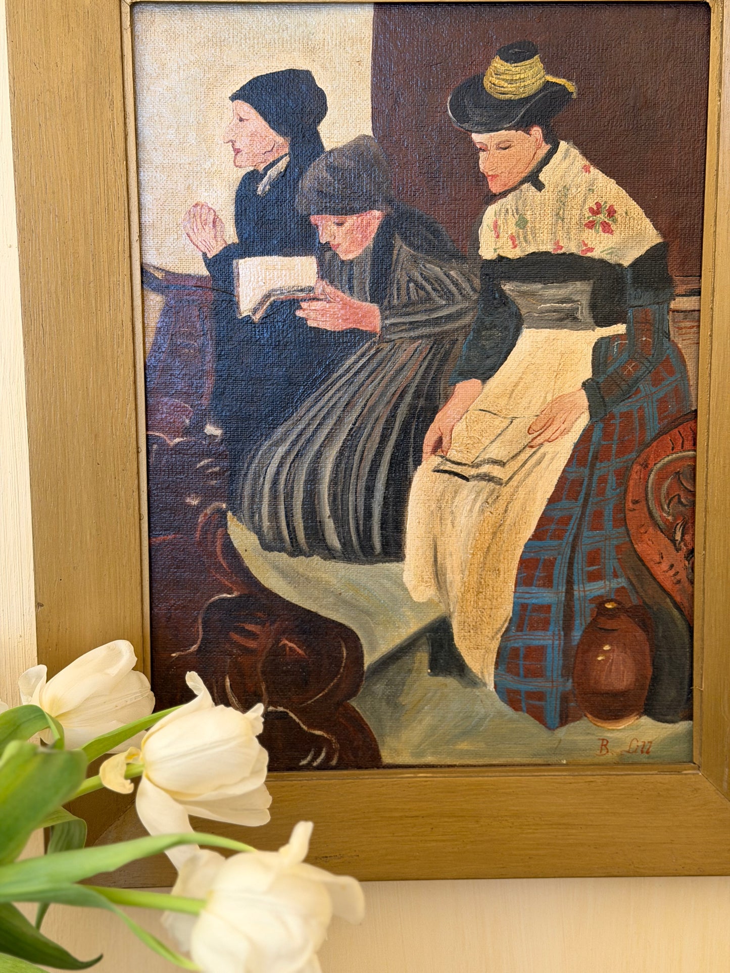 Reproducere veche în ulei a tabloului "Trei femei în bisericǎ", semnat