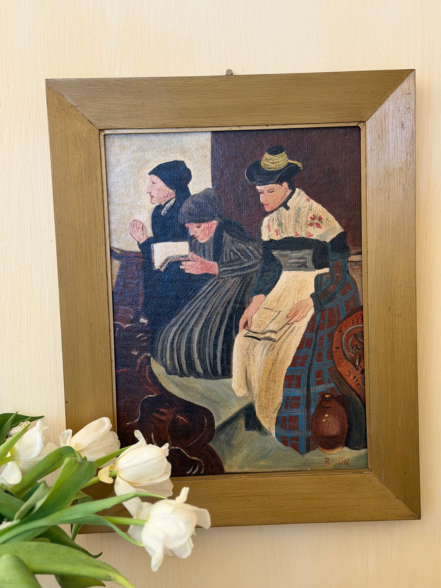 Reproducere veche în ulei a tabloului "Trei femei în bisericǎ", semnat