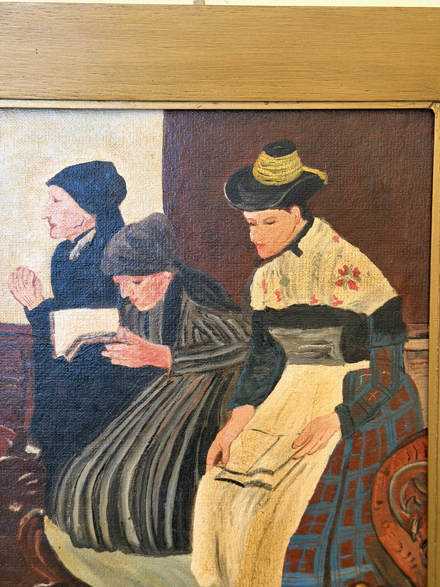 Reproducere veche în ulei a tabloului "Trei femei în bisericǎ", semnat