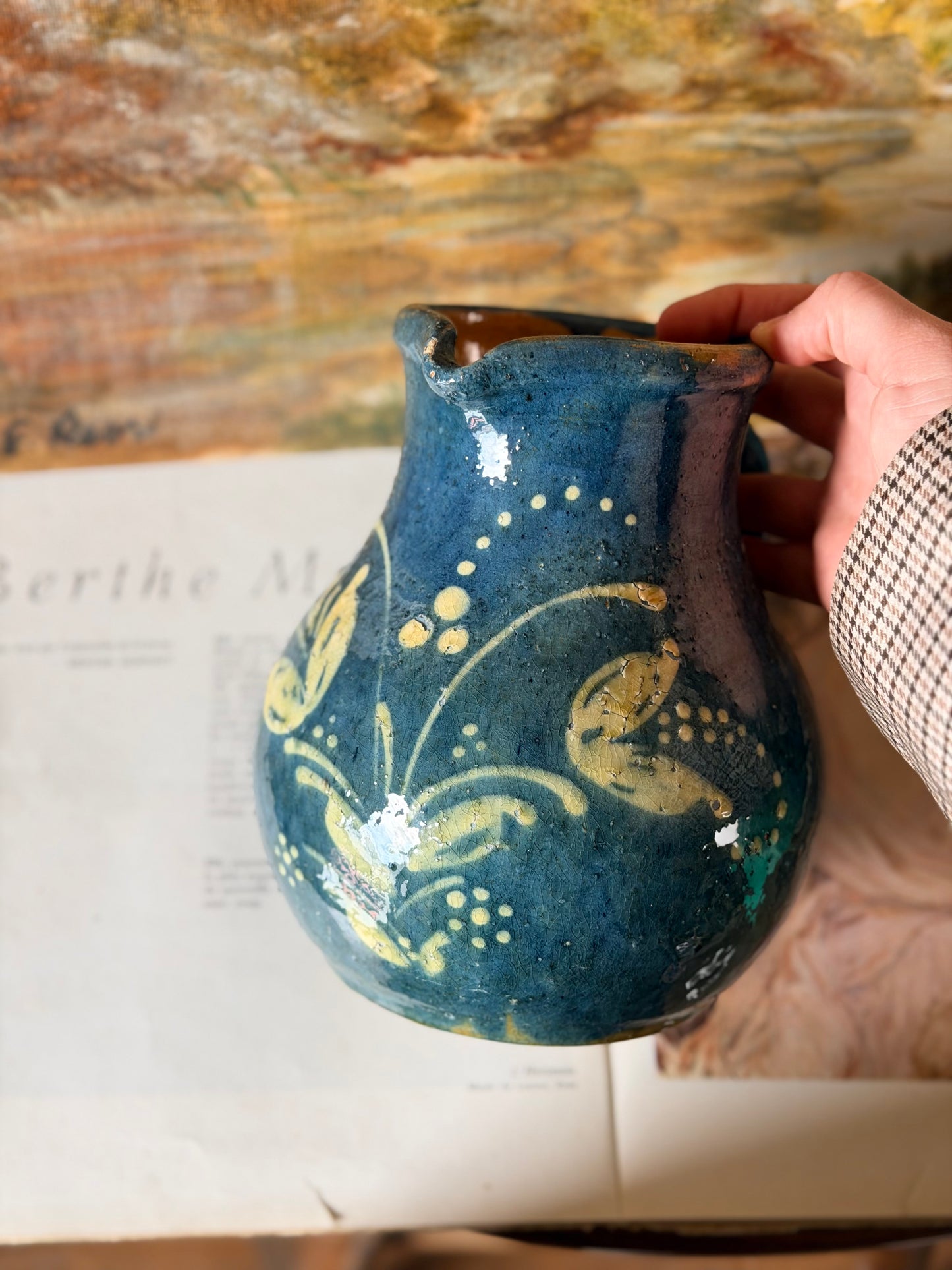 Vază/Ulcior din ceramică glazurată artizanală, pictată manual