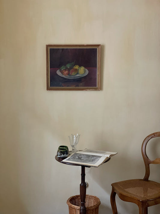 Tablou vechi pictat în ulei, natură statică-Bol cu fructe