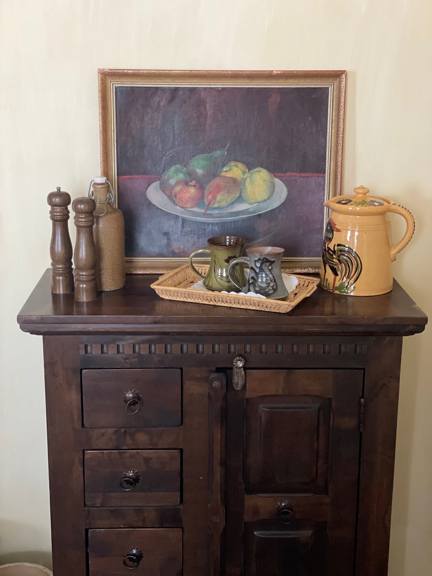 Tablou vechi pictat în ulei, natură statică-Bol cu fructe