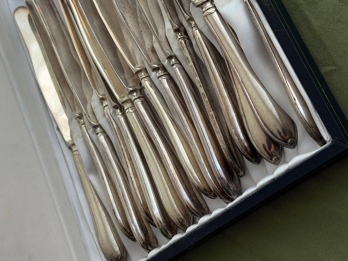 Set de 15 cutite vintage suedeze din alpaca placate cu argint