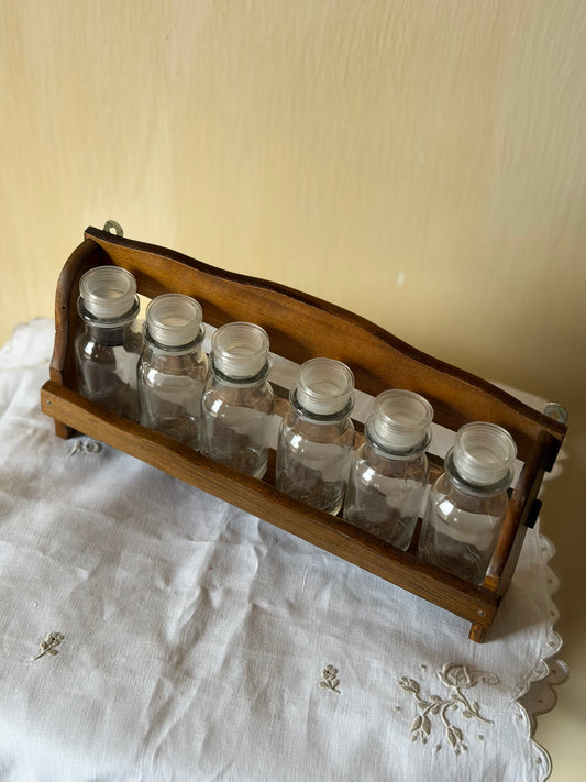 Suport vintage din lemn+recipiente pentru condimente, Franța