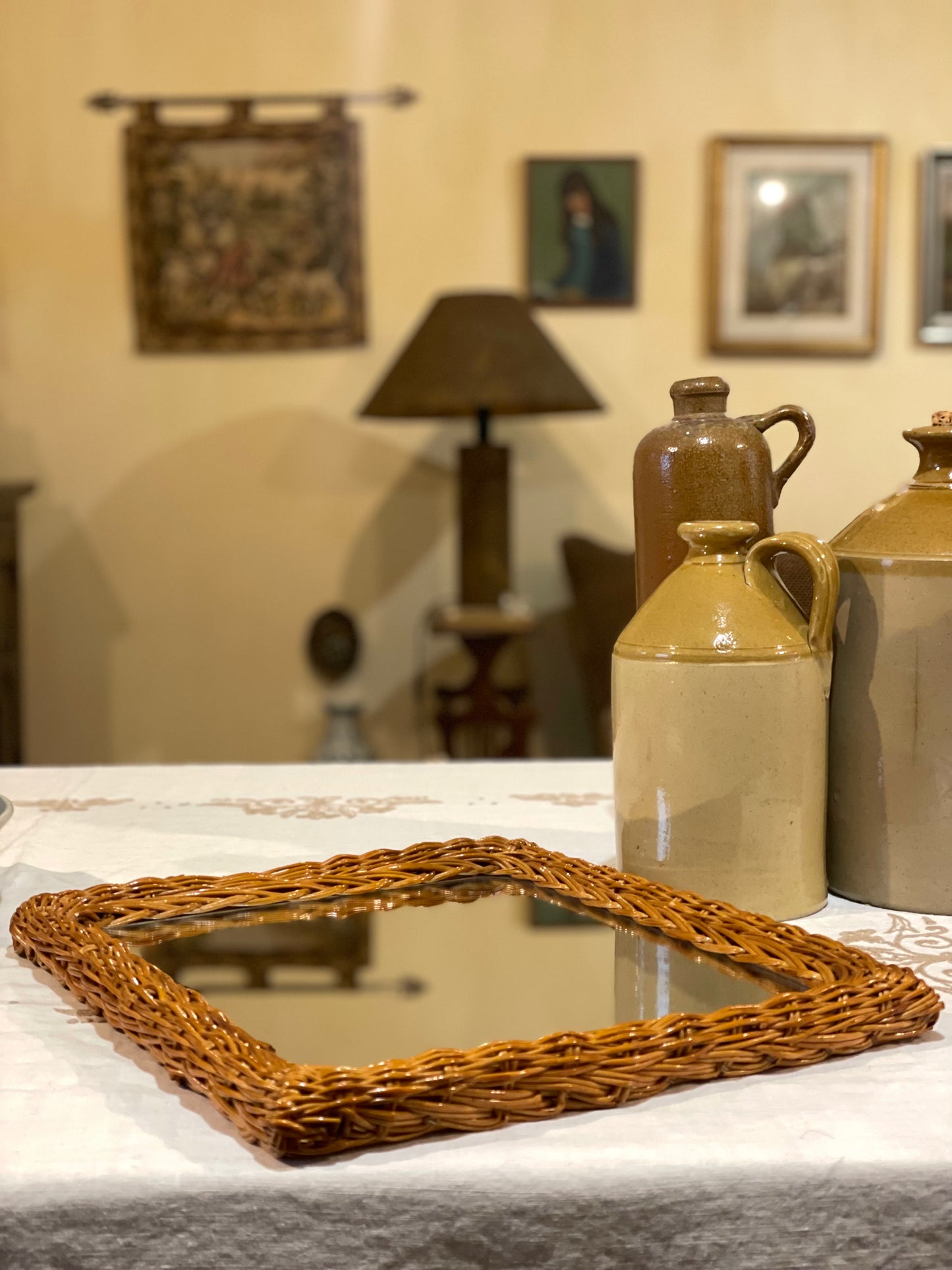 Oglindă vintage Italian Designer, ramă din ratan